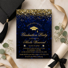 Blue Bokeh & Gold Glitzer Graduation Party Einladung