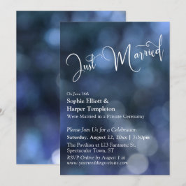 Blue Bokeh Light & "Just Married" Typografie Einladung