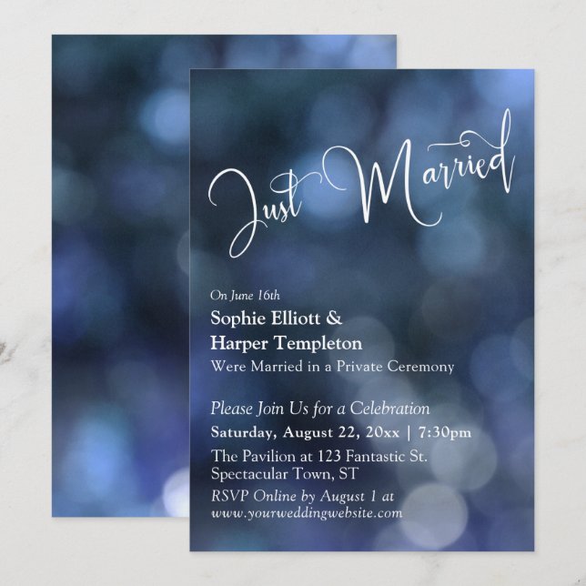 Blue Bokeh Light & "Just Married" Typografie Einladung (Vorne/Hinten)