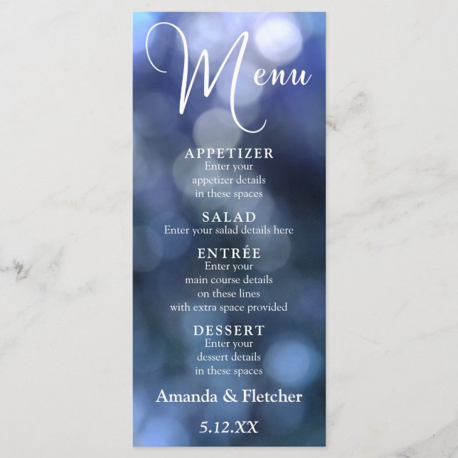 Blue Bokeh Light & Typografy 32 Wedding Menu Menükarte (Vorderseite)