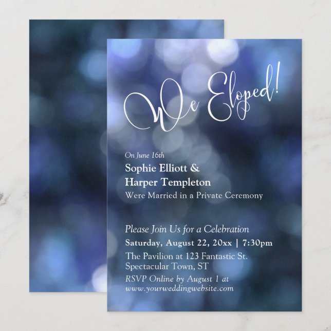 Blue Bokeh Light & "We Eloped" Typografie Einladung (Vorne/Hinten)