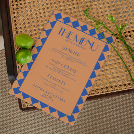 Blue Bold Funky Retro Checkerboard Wedding Menu Menükarte