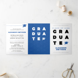 Blue Bold GRADUATE Letters and Cap Abschluss Dreifach Gefaltete Ankündigung