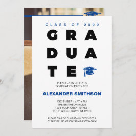 Blue Bold GRADUATE Letters and Cap Abschluss Einladung