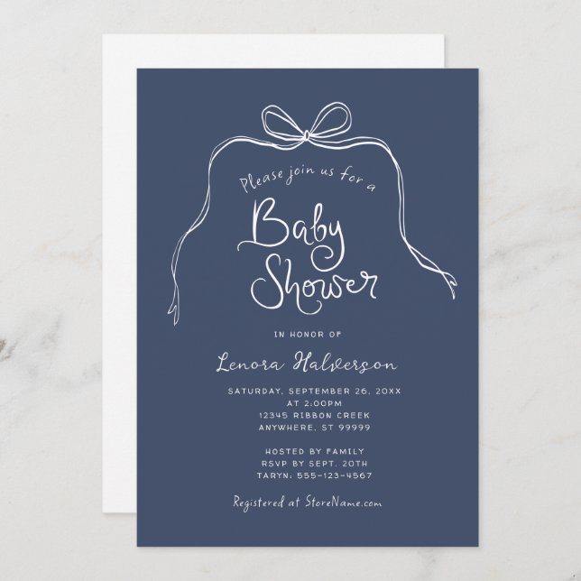 Blue Bold Simple Bow Baby Shower Einladung (Vorne/Hinten)