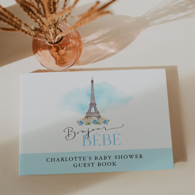 Blue Bonjour Bébé Eiffel Tower Baby Dusche Gästebuch (Von Creator hochgeladen)