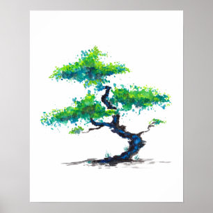 Blue Bonsai Watercolor Poster