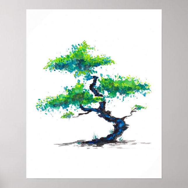 Blue Bonsai Watercolor Poster (Vorne)