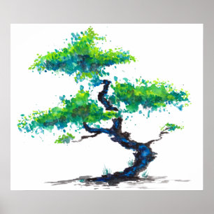 Blue Bonsai Watercolor Poster Print