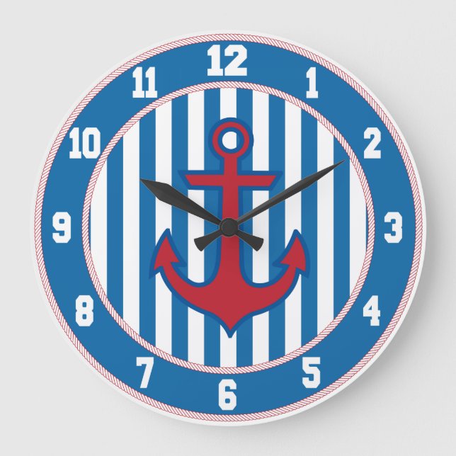 Blue Border Nautical Anchor Clock Große Wanduhr (Vorderseite)