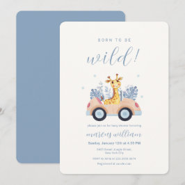 Blue Born To Be Wild Safari Giraffe Baby Shower Einladung