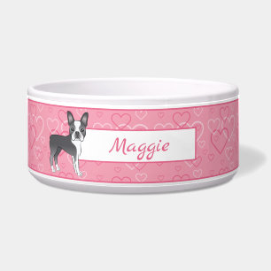 Blue Boston Terrier Hund auf rosa Herzen und Name Napf