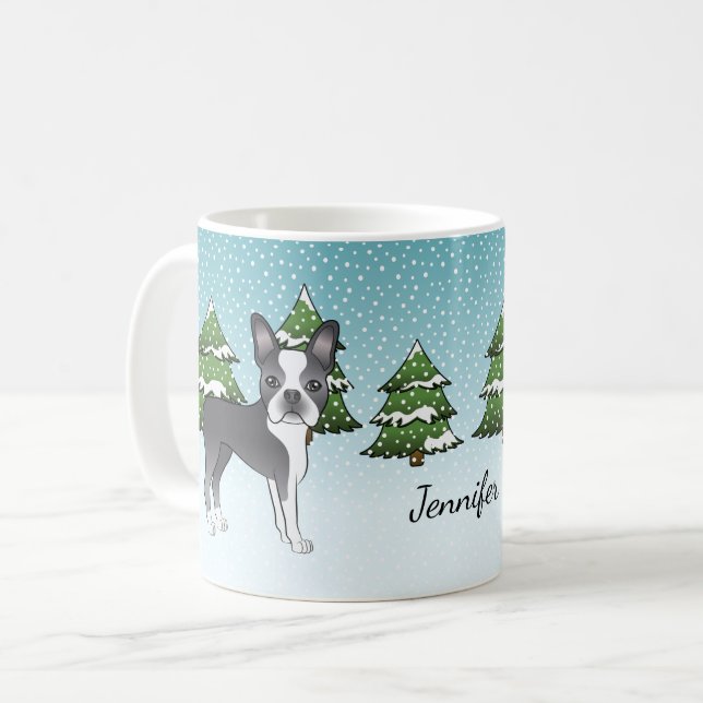 Blue Boston Terrier in einem Winterwald & Name Kaffeetasse (Vorderseite Links)