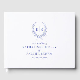 Blue Botaniacal & Ribbon Wappen Monogram Wedding Gästebuch