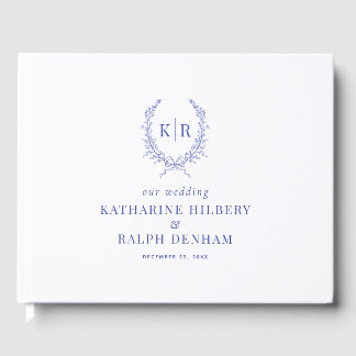 Blue Botaniacal & Ribbon Wappen Monogram Wedding Gästebuch
