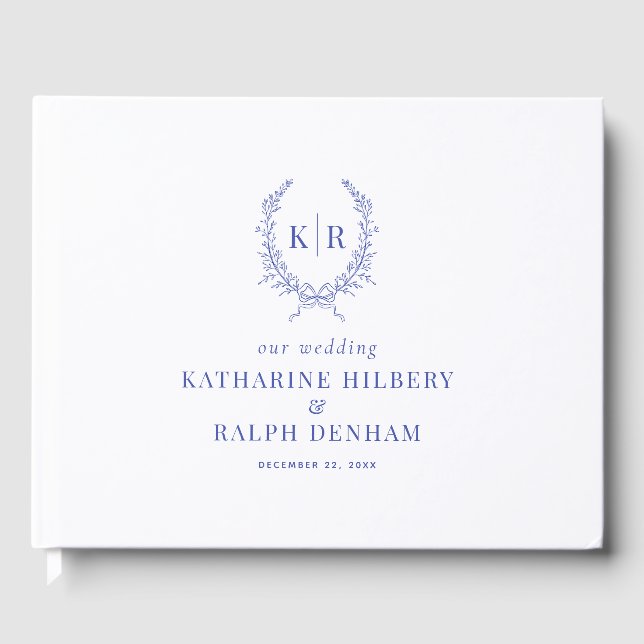 Blue Botaniacal & Ribbon Wappen Monogram Wedding Gästebuch (Vorderseite)