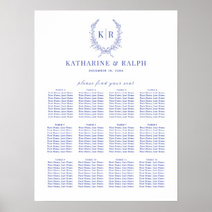 Blue Botaniacal Wappen Monogram Seating Chart Poster