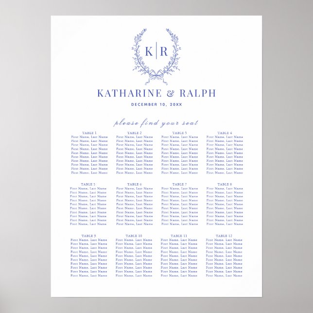 Blue Botaniacal Wappen Monogram Seating Chart Poster (Vorne)