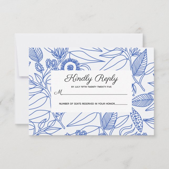 Blue Botanic Personalisiert Floral Wedding RSVP Karte (Vorderseite)