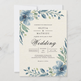 Blue Botanical Blüh Wedding Einladung