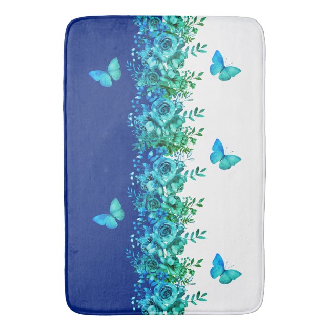 Blue Botanical Butterfly Bath Mat Badematte (Vorderseite Vertikal)