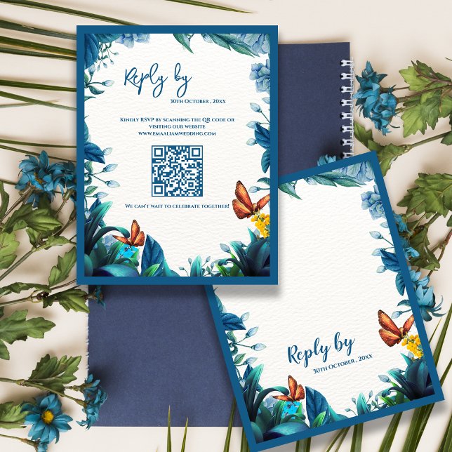 Blue Botanical Butterfly QR Code Wedding reply By RSVP Karte (Blue Botanical Butterfly QR Code Wedding reply By RSVP Card)