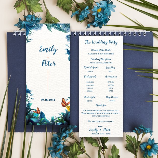 Blue Botanical Butterfly Wedding Program Card Einladung (Blue Botanical Butterfly Wedding Program Card)