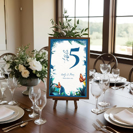 Blue Botanical Butterfly Wedding Table Number Dankeskarte