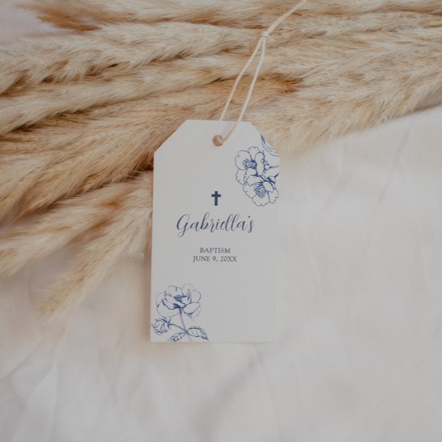Blue Botanical Floral Baptism  Geschenkanhänger (Vintage Blue Floral Rectangle Baptism Favor Tag)