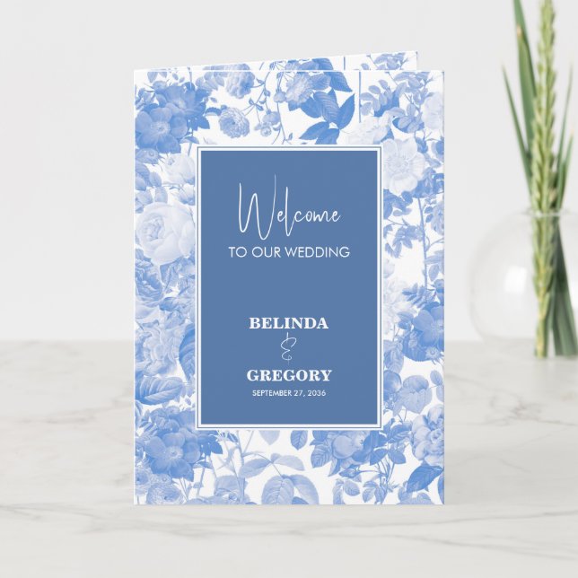 Blue Botanical Florals Wedding Order of Service Programm (Vorderseite)