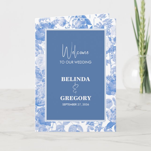Blue Botanical Florals Wedding Order of Service Programm (Vorderseite)