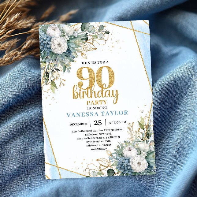 Blue Botanical Gold Frame 90th Birthday Invite Einladung (Blue Botanical Gold Frame 90th Birthday Invite)