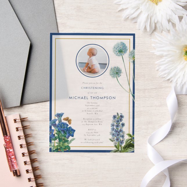 Blue Botanical Gold Taufe Christening Boy Foto (Hochzeit)