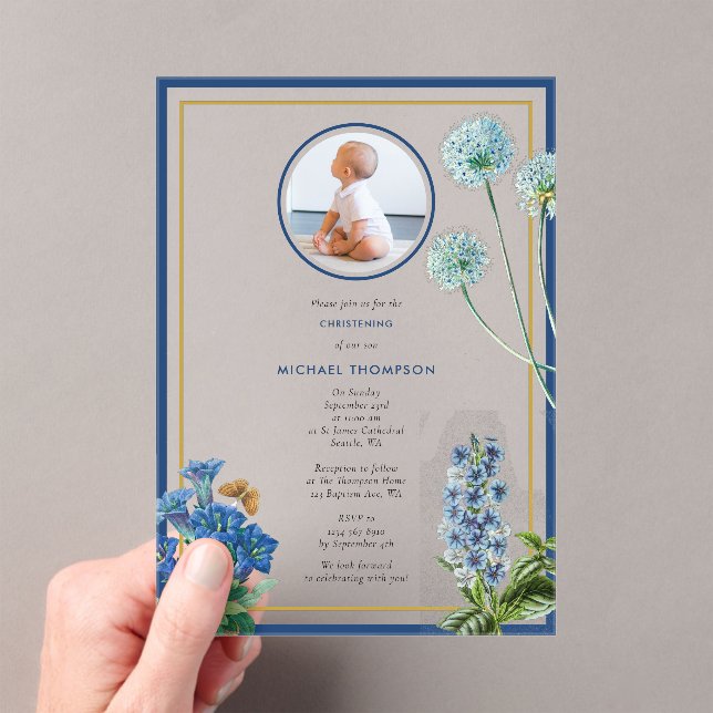 Blue Botanical Gold Taufe Christening Boy Foto Acryleinladungen (Insitu (Handheld))