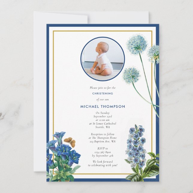 Blue Botanical Gold Taufe Christening Boy Foto Einladung (Vorderseite)