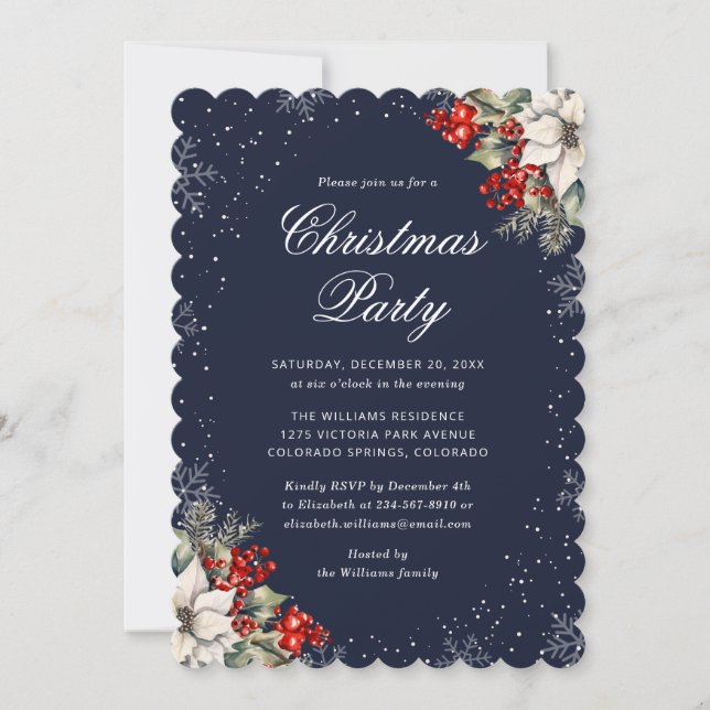 Blue Botanical Snowflake Elegant Christmas Party Einladung (Vorderseite)