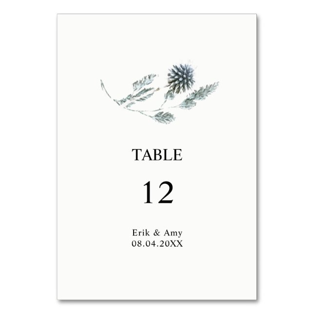 Blue Botanical Thistle Blume Hochzeit Tischnummer (Vorderseite)