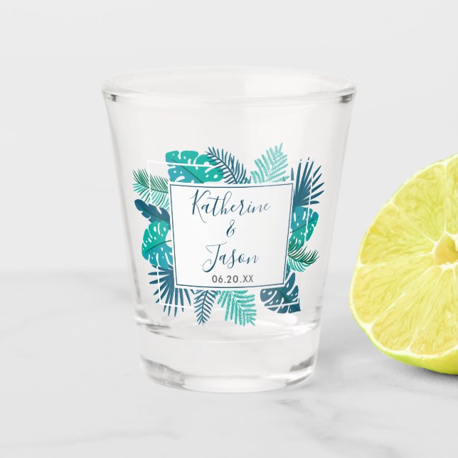 Blue Botanical Tropical Palm Summer Beach Hochzeit Schnapsglas (Vorderseite)
