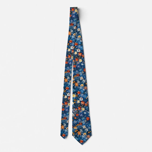 Blue Botanical Watercolor Print Neck Tie Krawatte (Rückseite)