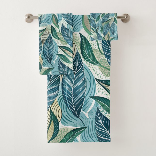 Blue Botanical Wave Modern Pattern Badhandtuch Set (Insitu)