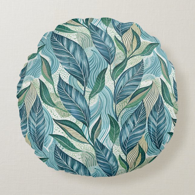 Blue Botanical Wave Modern Pattern Rundes Kissen (Vorderseite)