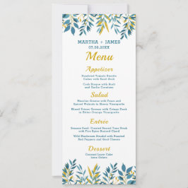 Blue Botanical Wedding Dinner Menu Card Einladung