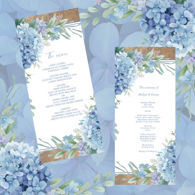 Blue Botanical Wedding Hydrangea Menü Programm (Von Creator hochgeladen)