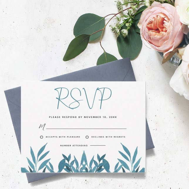 Blue Botanical Wedding RSVP Card Karte (Von Creator hochgeladen)