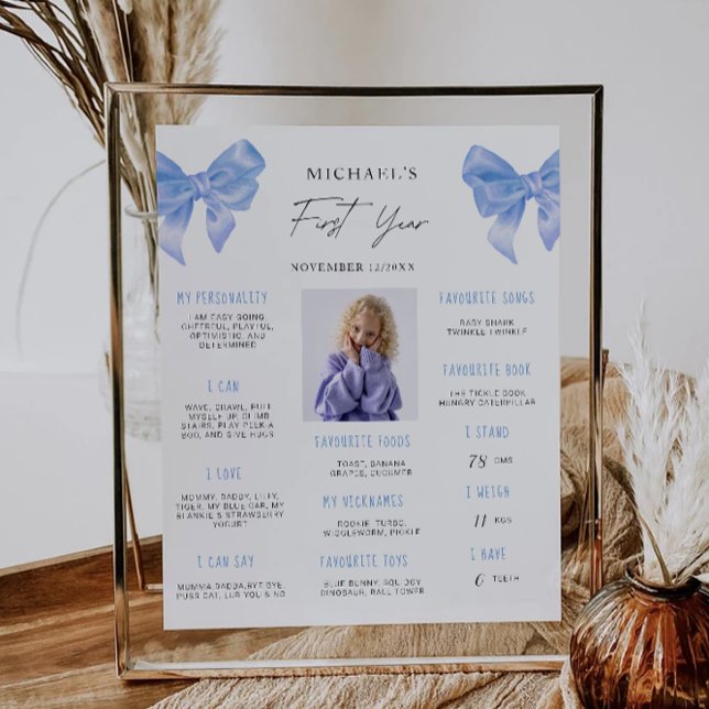 Blue Bow 1. Geburtstagskarte Poster (Blue Bow 1st Birthday Milestone Board Poster)