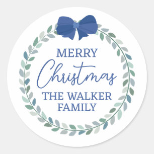 Blue Bow-Adorned Wreath Frohe Weihnachten Runder Aufkleber