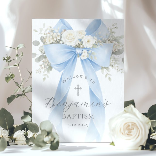 Blue Bow Baby Boy Baptism Elegant Welcome Poster (Von Creator hochgeladen)