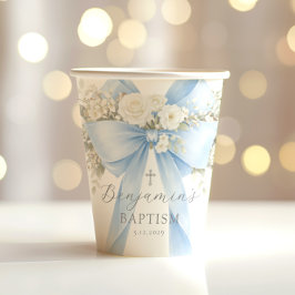 Blue Bow Baby Boy Baptism Eucalyptus Pappbecher