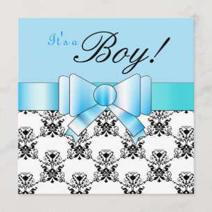 Blue Bow Baby Boy Dusche Schwarz-Weiß Damask Einladung