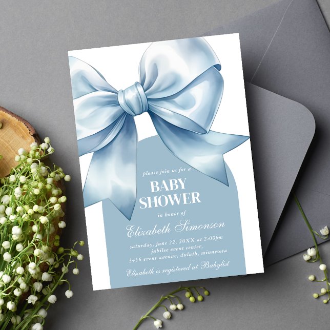 Blue Bow Baby Boy Elegant Baby Shower Einladung (Blue Bow Baby Boy Elegant Baby Shower Invitation)